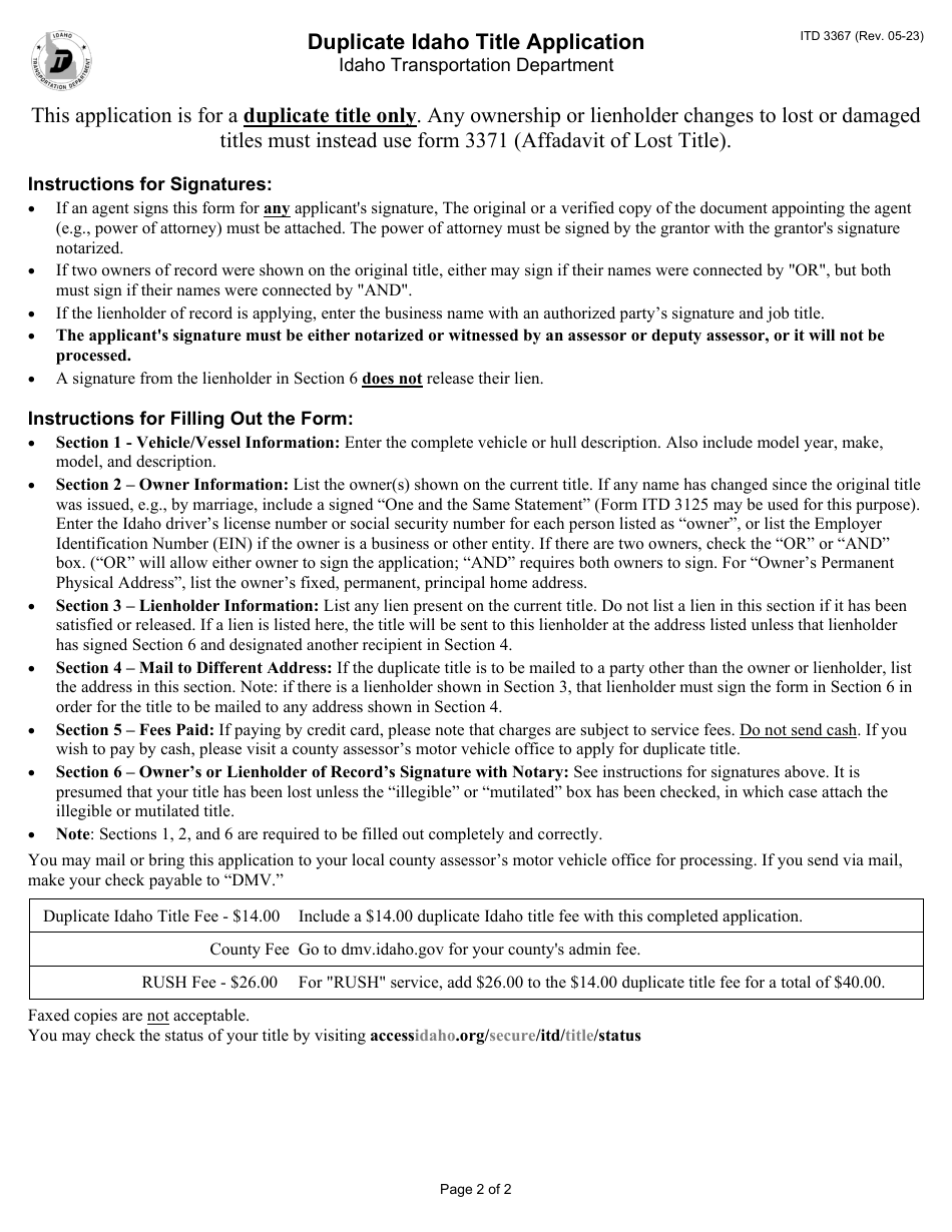 Form ITD3367 Duplicate Idaho Title Application - Idaho, Page 2
