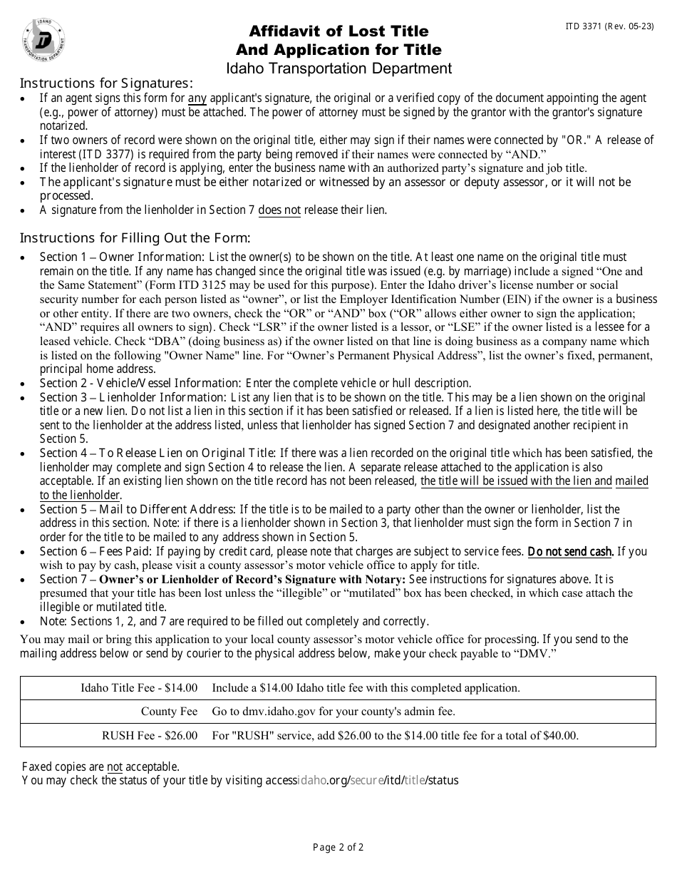 Form ITD3371 Affidavit of Lost Title and Application for Title - Idaho, Page 2