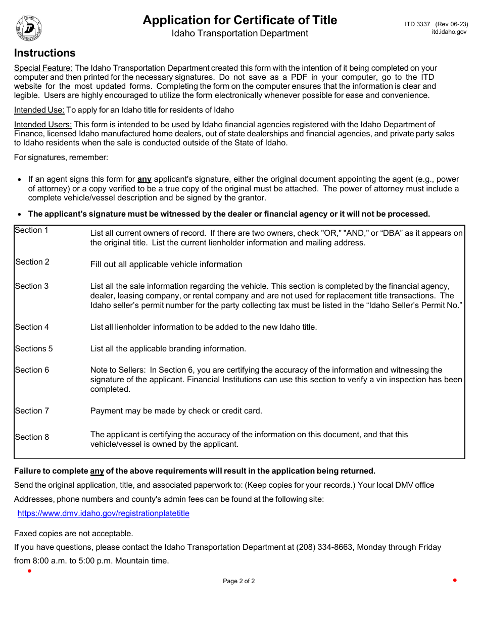 Form ITD3337 Application for Certificate of Title - Idaho, Page 2