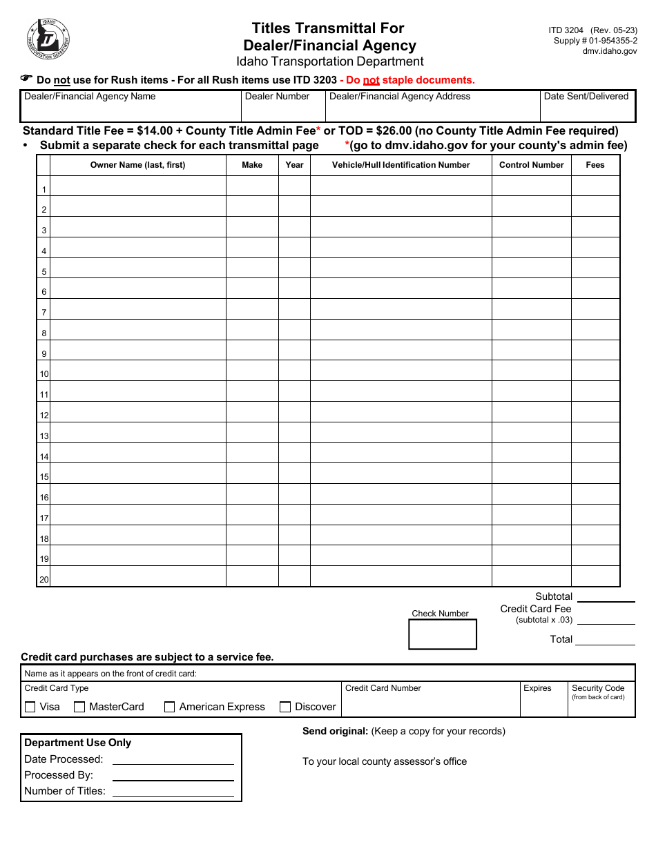 Form ITD3204 Titles Transmittal for Dealer / Financial Agency - Idaho, Page 1