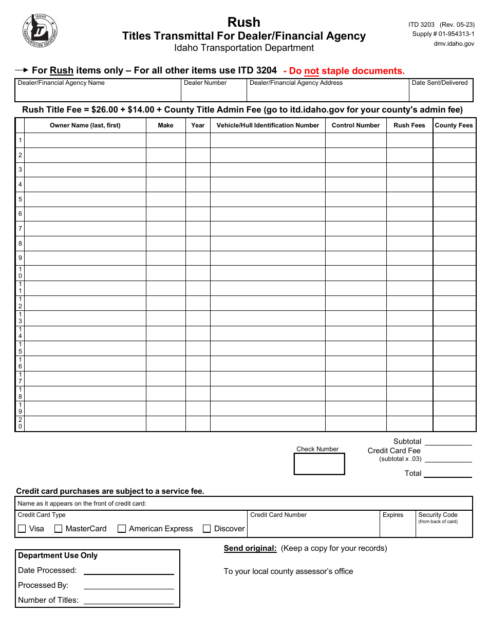 Form ITD3203 Download Fillable PDF or Fill Online Rush Titles ...