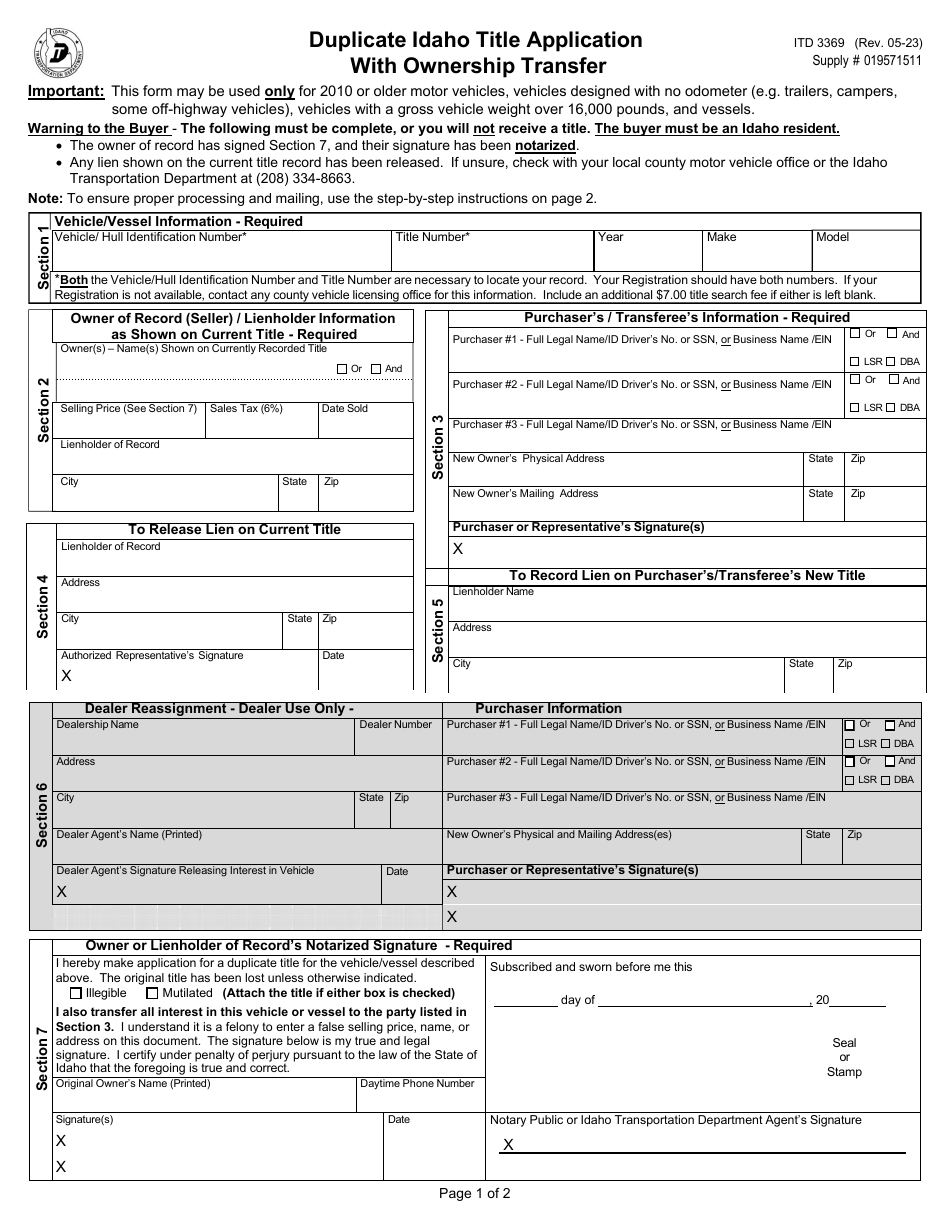 Form ITD3369 Duplicate Idaho Title Application With Ownership Transfer - Idaho, Page 1