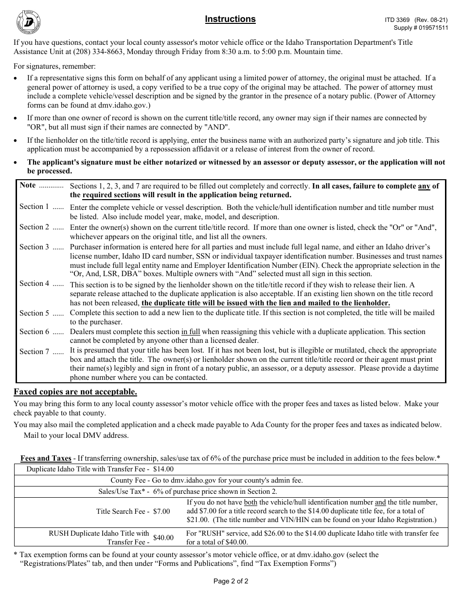 Form ITD3369 Duplicate Idaho Title Application With Ownership Transfer - Idaho, Page 2