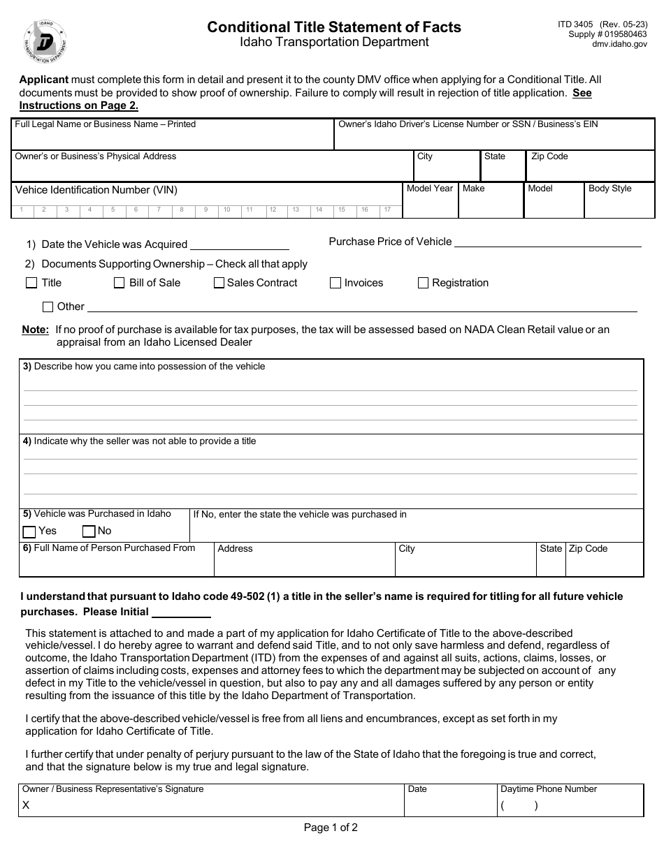 Form Itd3405 Download Fillable Pdf Or Fill Online Conditional Title Statement Of Facts Idaho 5210