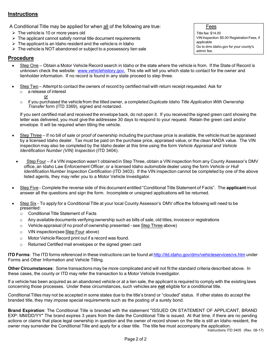 Form ITD3405 Conditional Title Statement of Facts - Idaho, Page 2