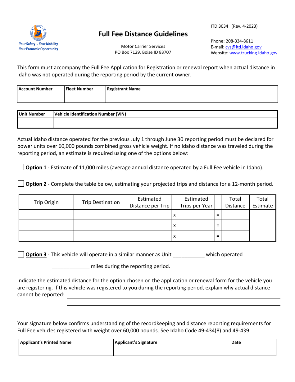 Form ITD3034 Full Fee Distance Guidelines - Idaho, Page 1