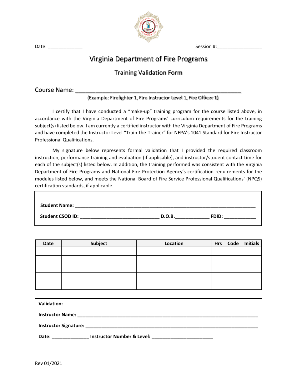 Training Validation Form - Virginia, Page 1
