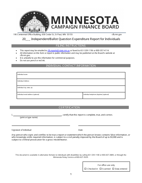 Independent / Ballot Question Expenditure Report for Individuals - Minnesota Download Pdf