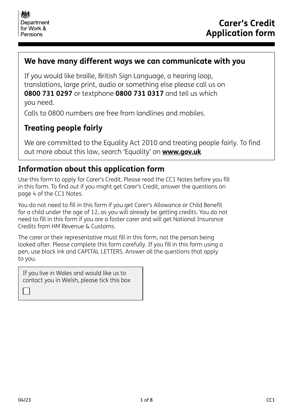 Form CC1 Carers Credit Application Form - United Kingdom, Page 1