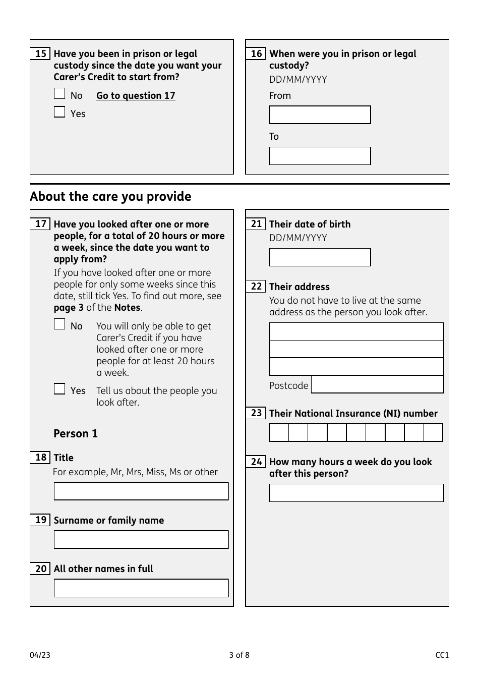 Form CC1 Carers Credit Application Form - United Kingdom, Page 3