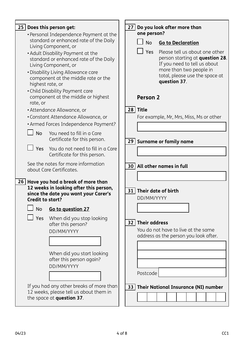 Form CC1 Carers Credit Application Form - United Kingdom, Page 4