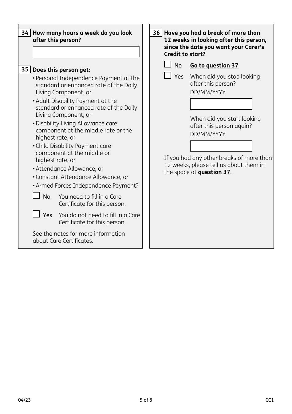 Form CC1 Carers Credit Application Form - United Kingdom, Page 5
