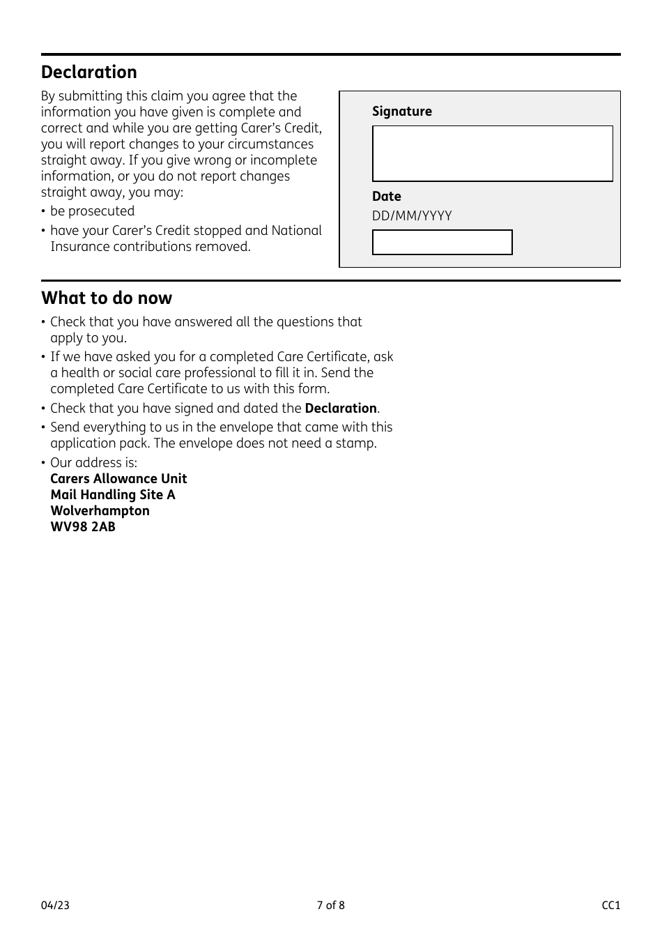 Form CC1 Carers Credit Application Form - United Kingdom, Page 7