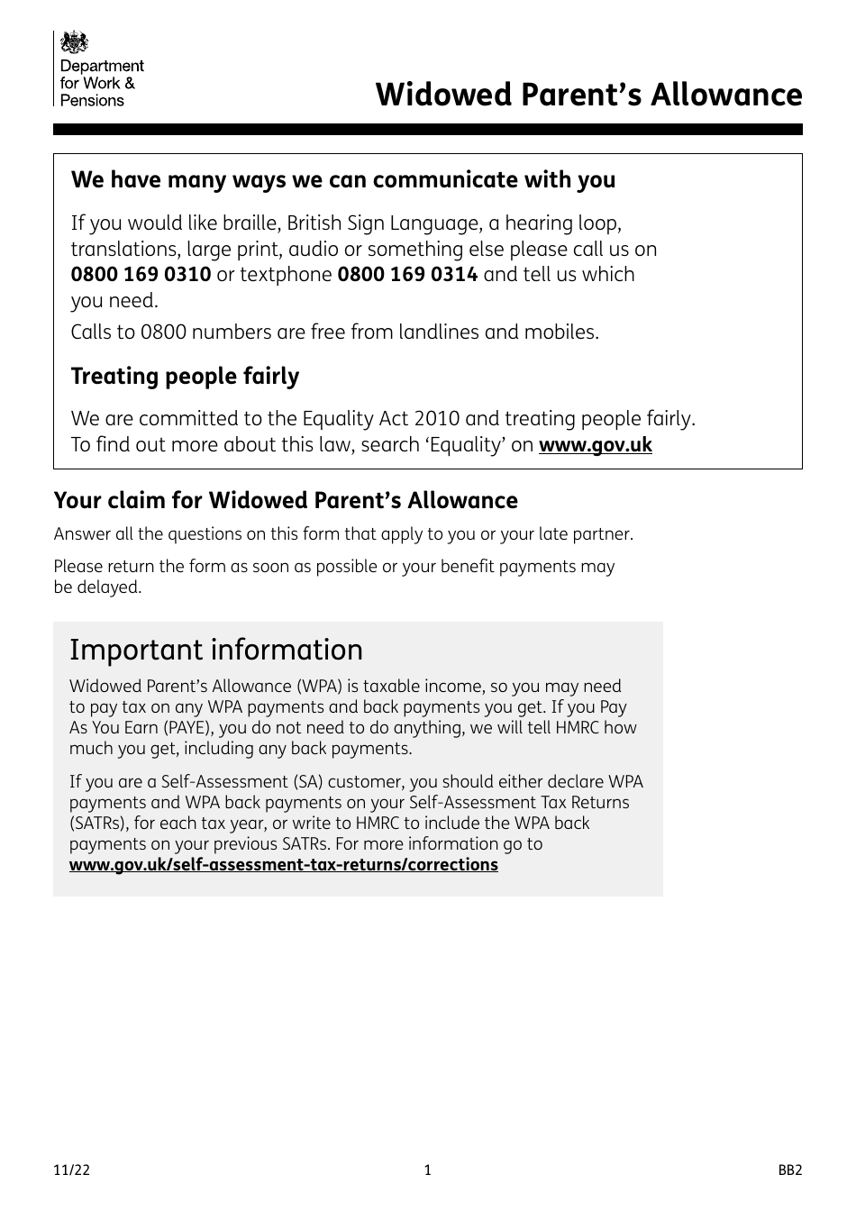 Form BB2 Widowed Parents Allowance - United Kingdom, Page 1