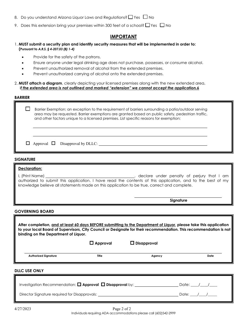 Temporary Extension of Premises / Patio Permit - Arizona, Page 2