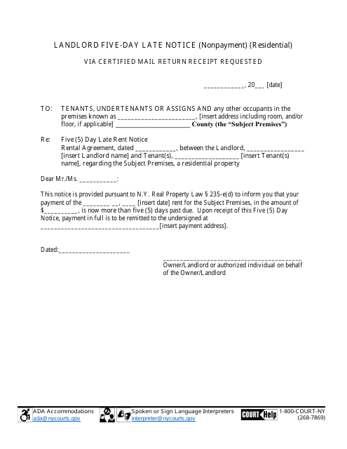Landlord Five-Day Late Notice (Nonpayment) (Residential) - Suffolk County, New York Download Pdf