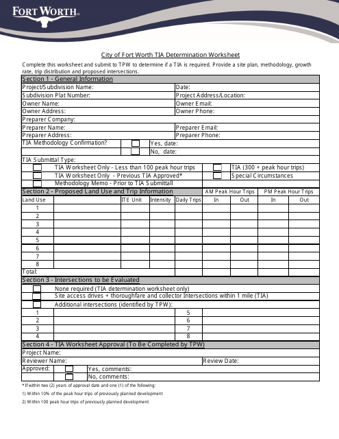 City of Fort Worth Tia Determination Worksheet - City of Fort Worth, Texas