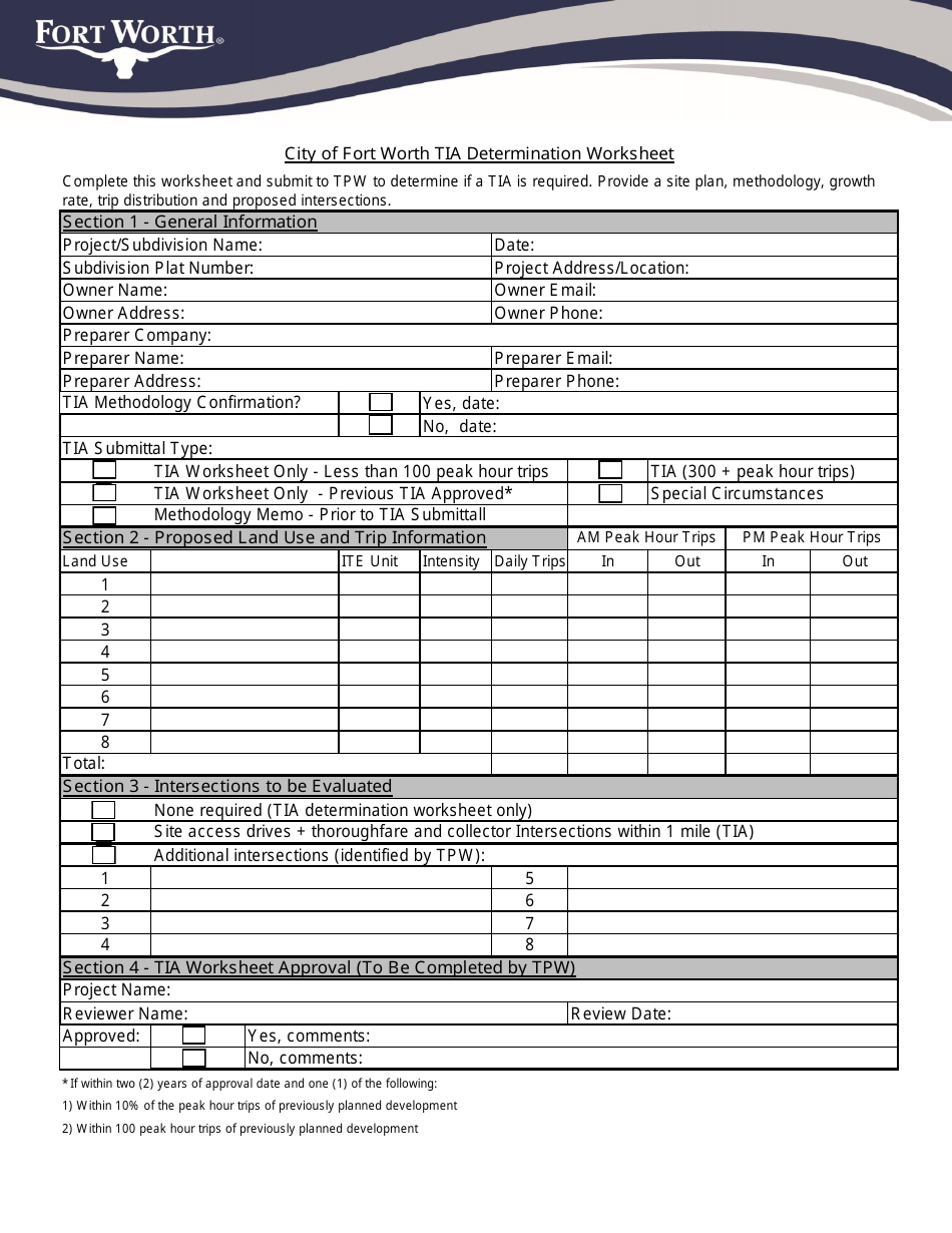 City of Fort Worth Tia Determination Worksheet - City of Fort Worth, Texas, Page 1