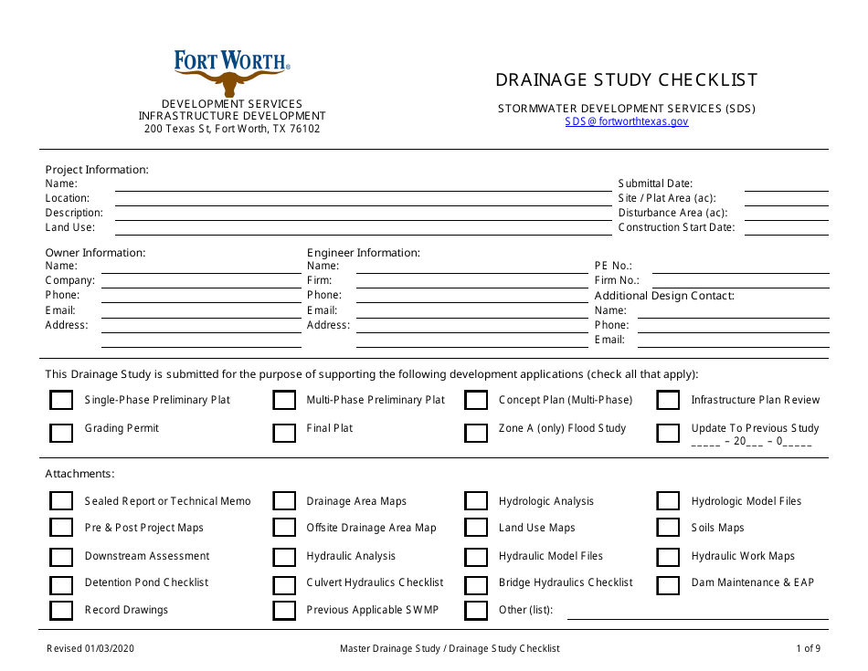 Drainage Study Checklist - City of Fort Worth, Texas, Page 1