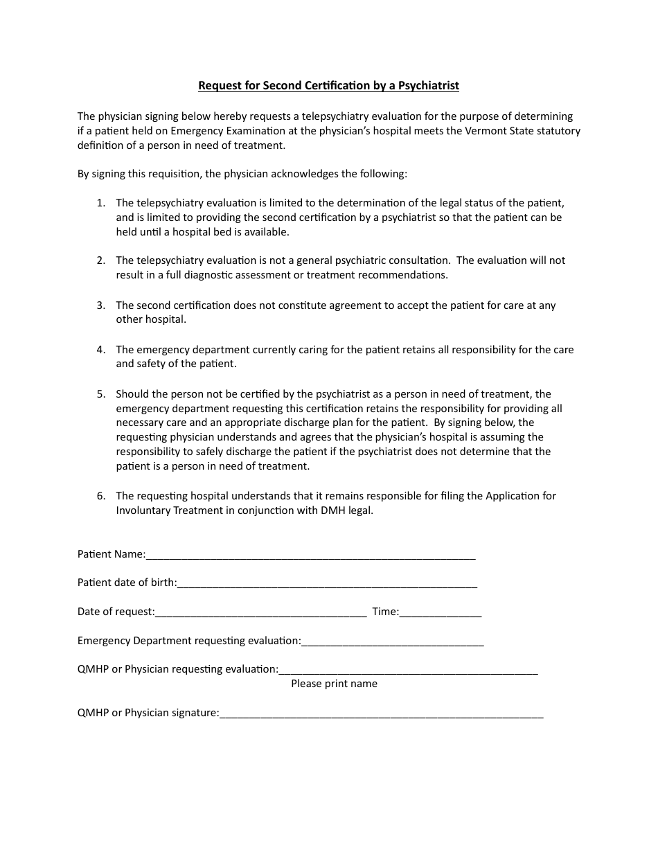 Request for Second Certification by a Psychiatrist - Vermont, Page 1