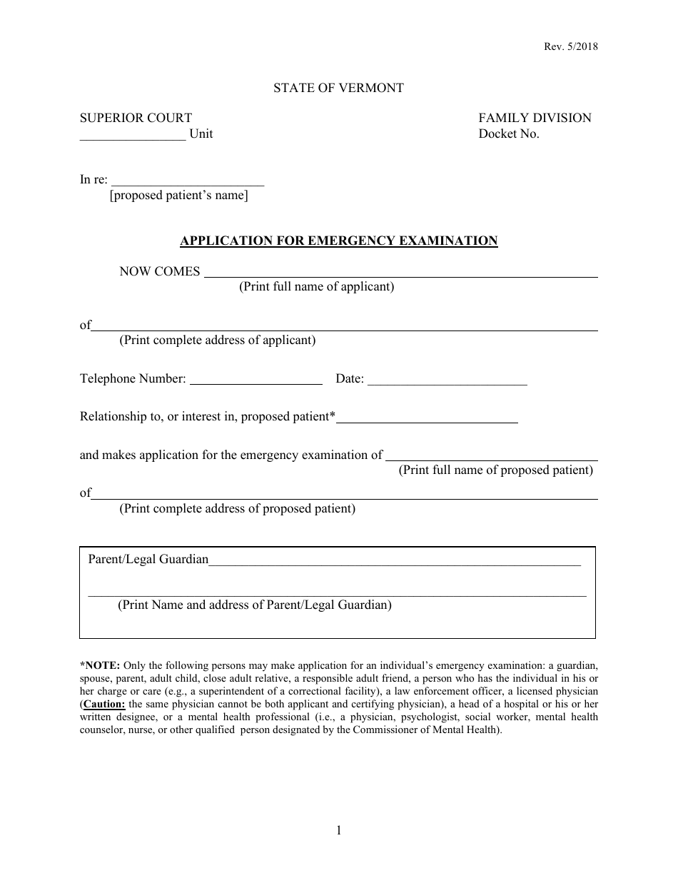 Application for Emergency Examination - Vermont, Page 1