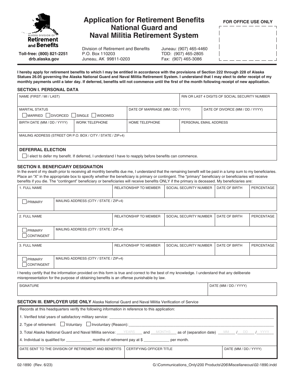 Form 02-1890 Application for Retirement Benefits National Guard and Naval Militia Retirement System - Alaska, Page 1