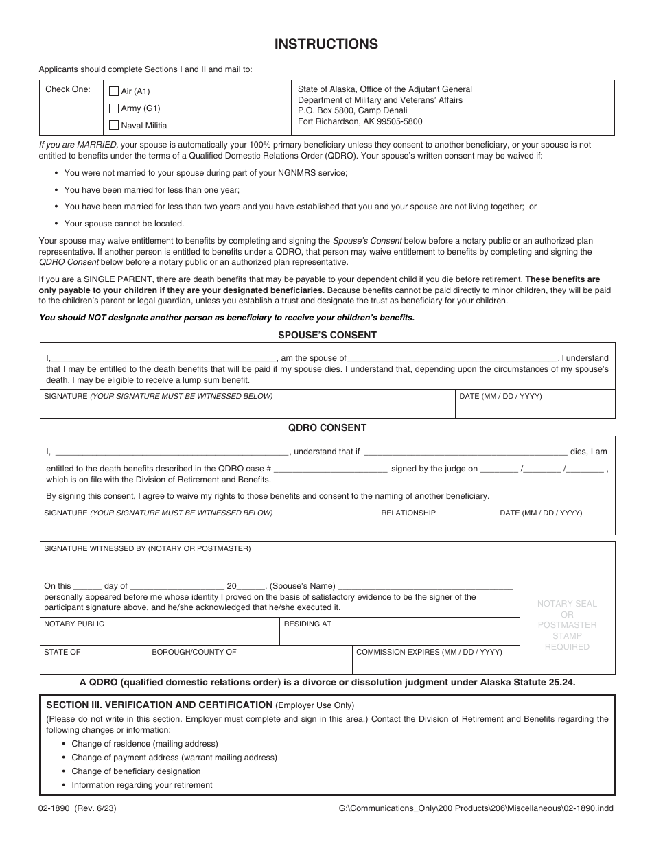 Form 02-1890 Application for Retirement Benefits National Guard and Naval Militia Retirement System - Alaska, Page 2