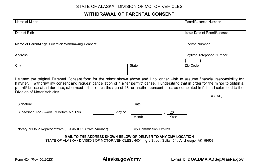 Form 424 Withdrawal of Parental Consent - Alaska