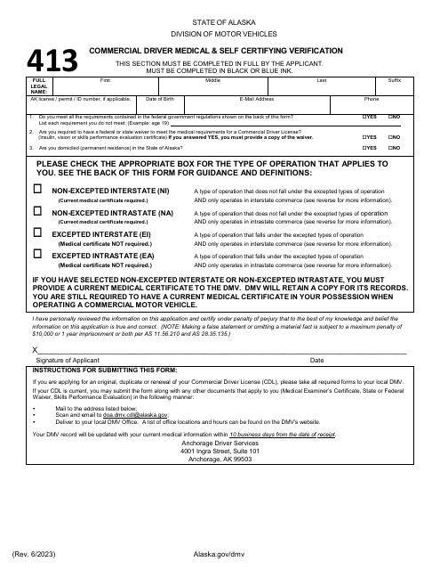 Form 413 Commercial Driver Medical & Self Certifying Verification - Alaska