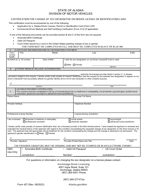 Form 427 Certification for Change of Sex Designator on Driver License or Identification Card - Alaska