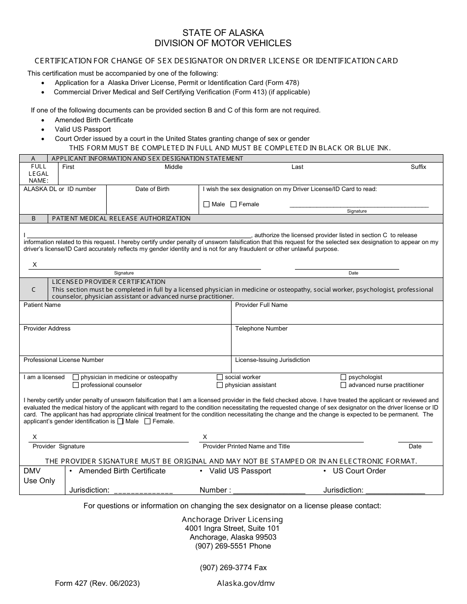 Form 427 Certification for Change of Sex Designator on Driver License or Identification Card - Alaska, Page 1