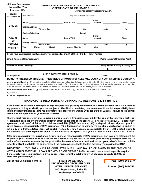 Form 466 Certificate of Insurance - Alaska