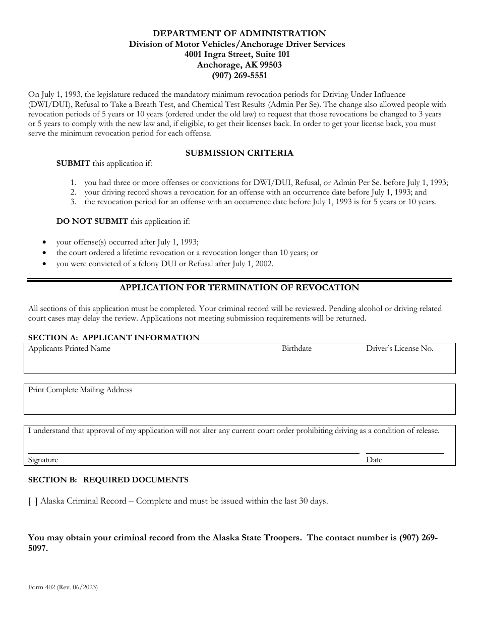 Form 402 Application for Termination of Revocation - Alaska, Page 1
