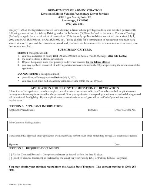 Form 403 Application for Felony Termination of Revocation - Alaska