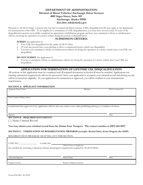 Form 403D Application for Termination of Lifetime Cdl Disqualification - Alaska