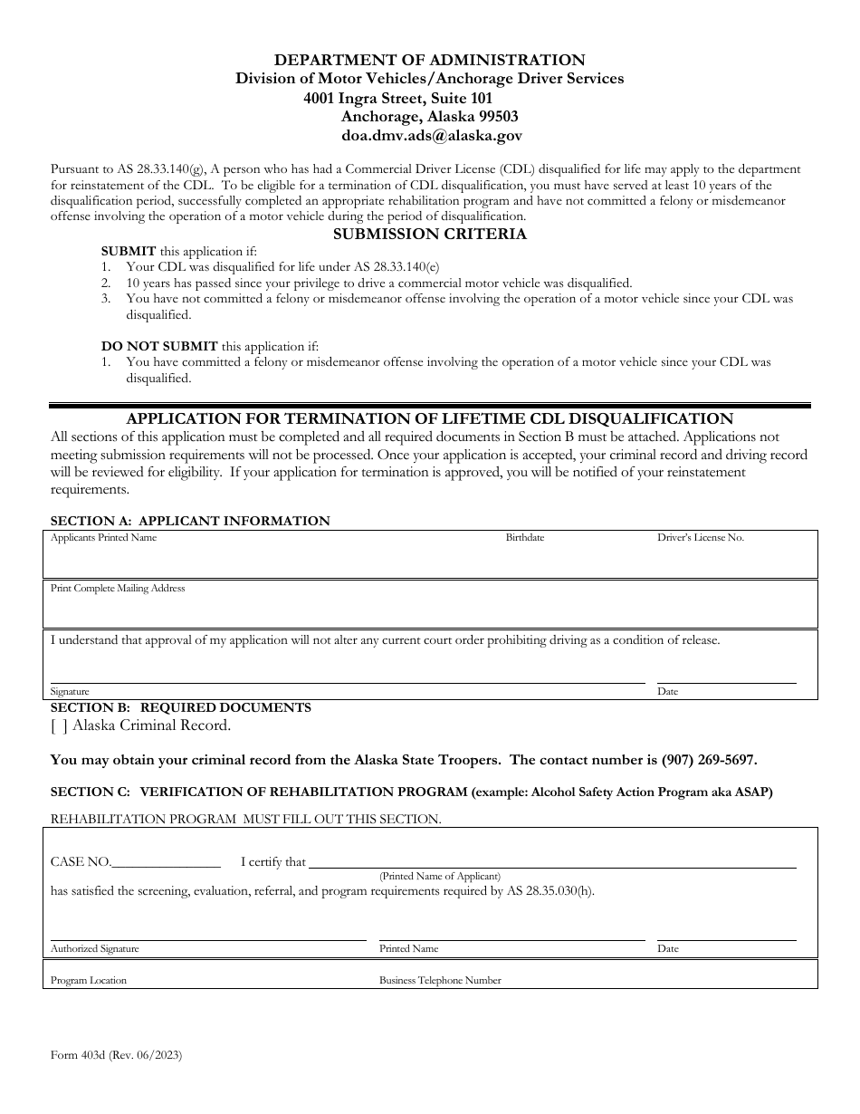 Form 403D Application for Termination of Lifetime Cdl Disqualification - Alaska, Page 1