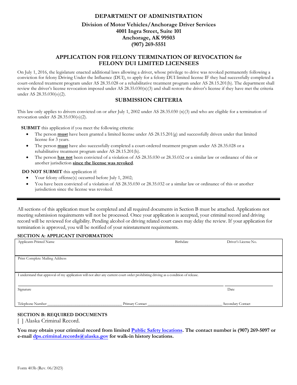 Form 403B Application for Felony Termination of Revocation for Felony Dui Limited Licensees - Alaska, Page 1