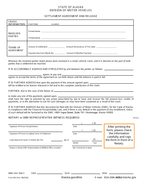 Form 465 Settlement Agreement and Release - Alaska