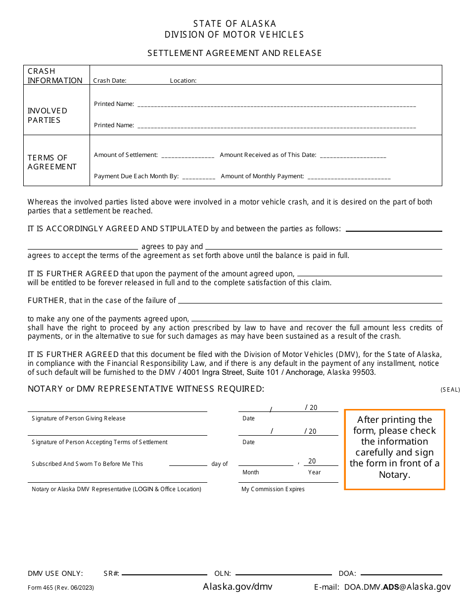 Form 465 Settlement Agreement and Release - Alaska, Page 1