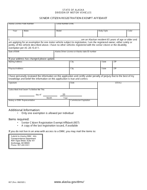 Form 807 Senior Citizen Registration Exempt Affidavit - Alaska