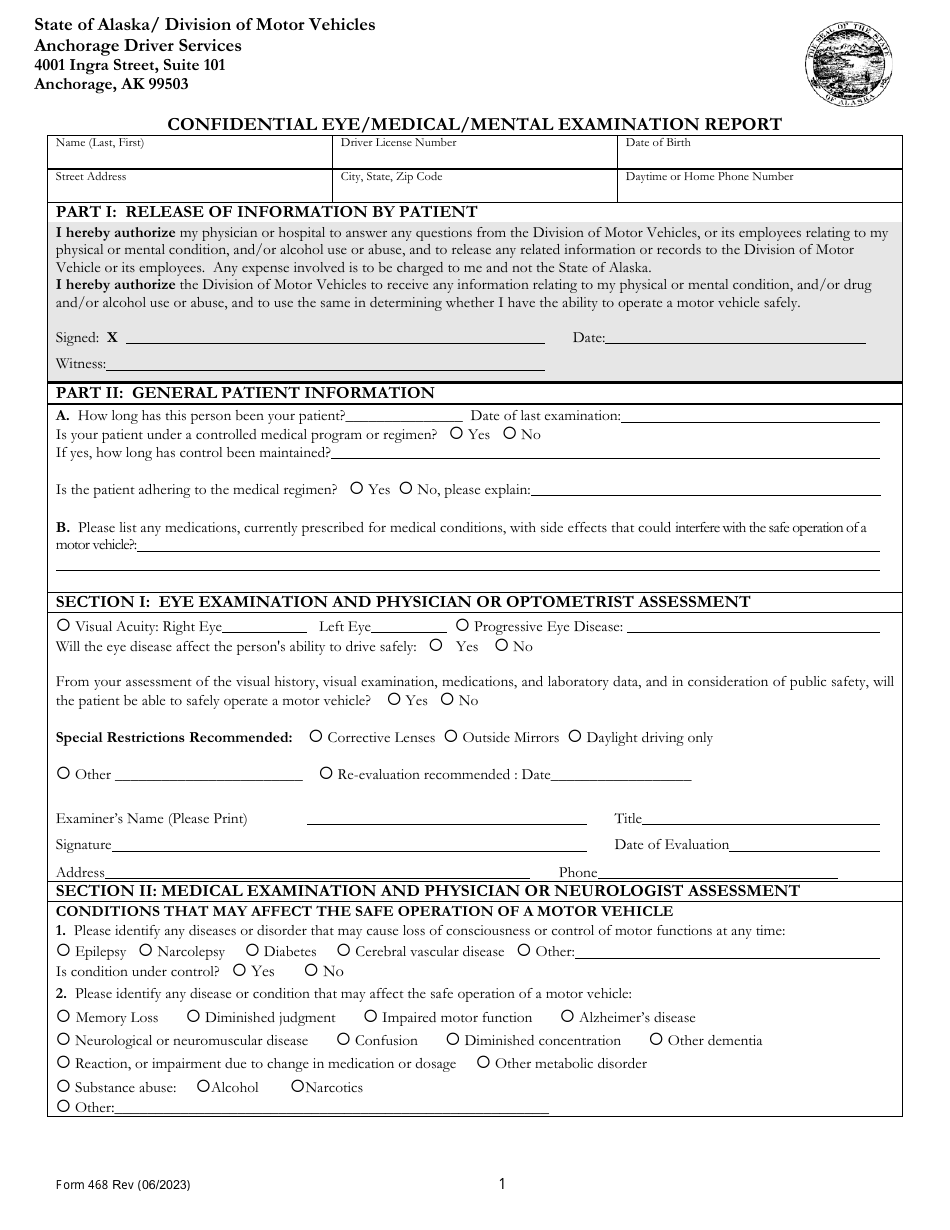 Form 468 Confidential Eye / Medical / Mental Examination Report - Alaska, Page 1
