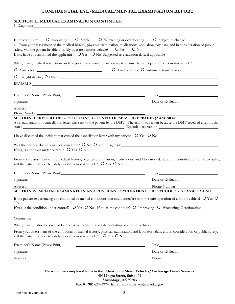 Form 468 Confidential Eye / Medical / Mental Examination Report - Alaska, Page 2