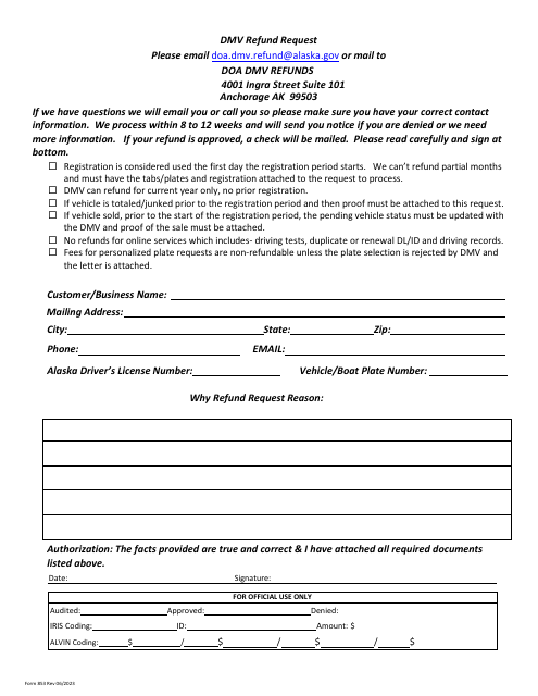 Form 853 DMV Refund Request - Alaska