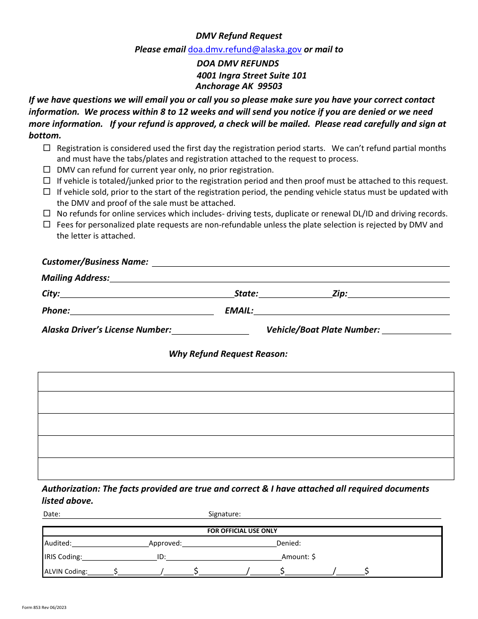 Form 853 Download Fillable PDF or Fill Online DMV Refund Request