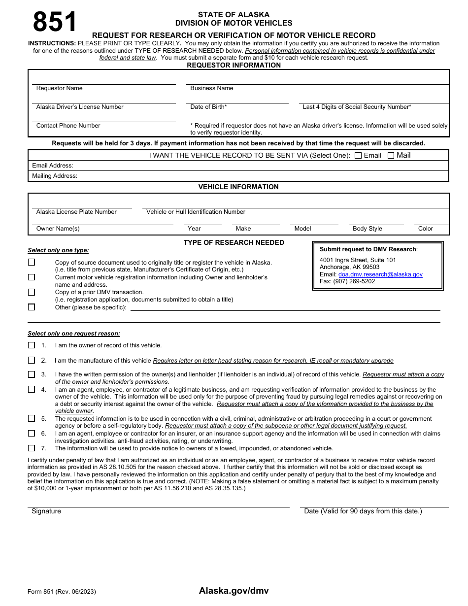 Form 851 Request for Research or Verification of Motor Vehicle Record - Alaska, Page 1