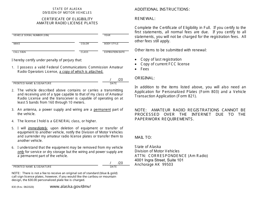 Form 830 Certificate of Eligibility Amateur Radio License Plates - Alaska