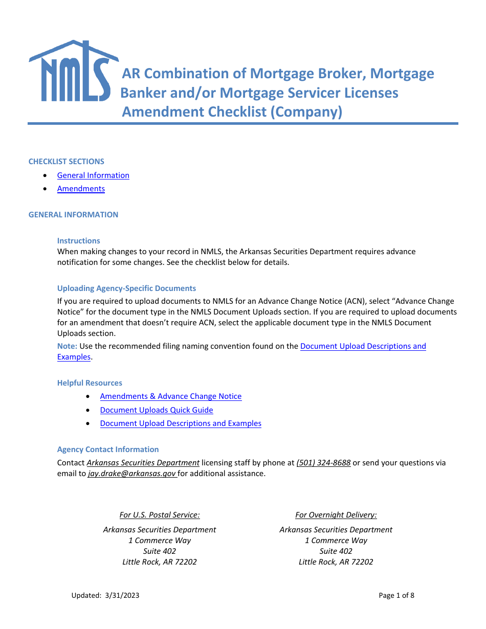 Ar Combination of Mortgage Broker, Mortgage Banker and / or Mortgage Servicer Licenses Amendment Checklist (Company) - Arkansas, Page 1