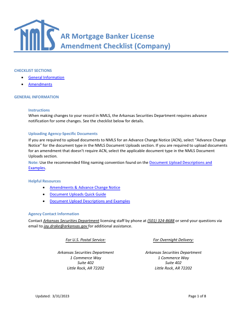 Ar Mortgage Broker License Amendment Checklist (Company) - Arkansas Download Pdf