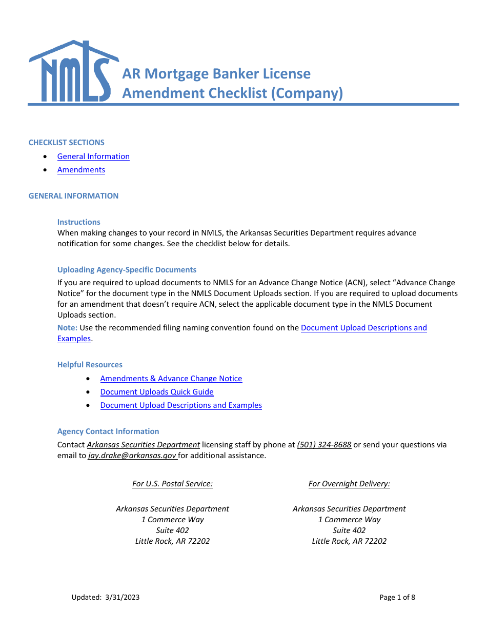 Ar Mortgage Broker License Amendment Checklist (Company) - Arkansas, Page 1