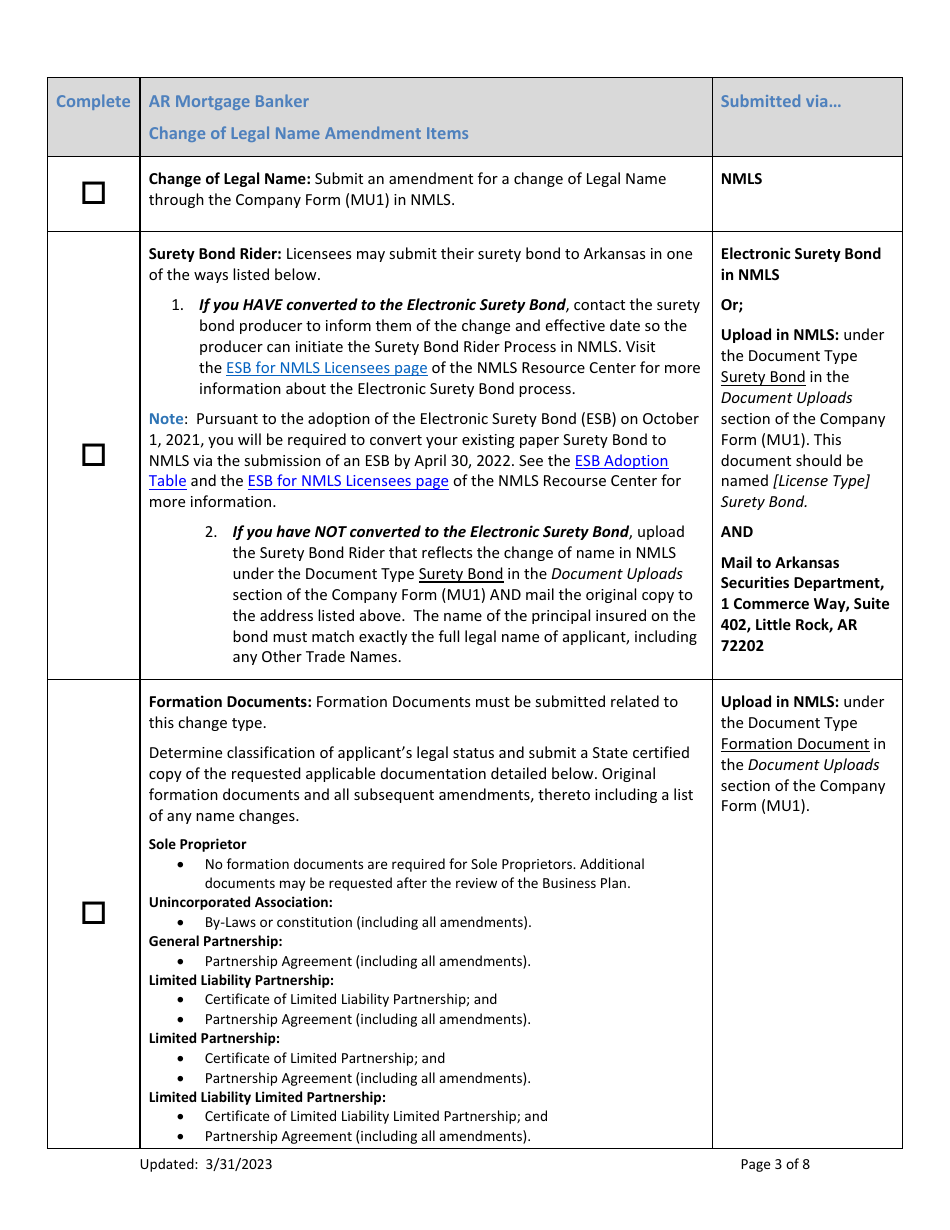 Ar Mortgage Broker License Amendment Checklist (Company) - Arkansas, Page 3